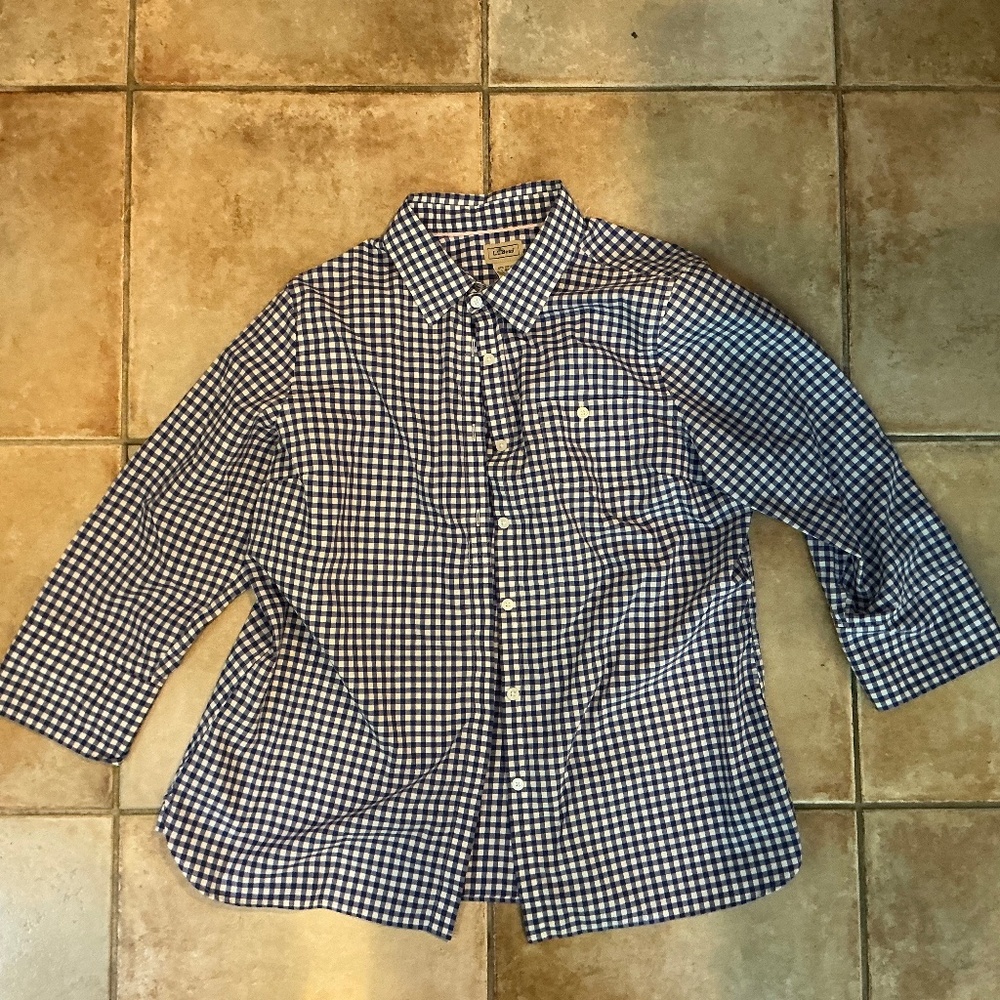LL Bean Blue Gingham Button-down 3/4 sleeves L - Classic!